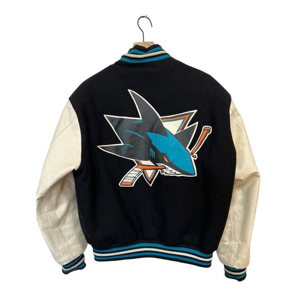 San Jose Sharks Two Tone Wool Leather Jacket Black/White Medium JH Design NHL - Picture 2 of 11